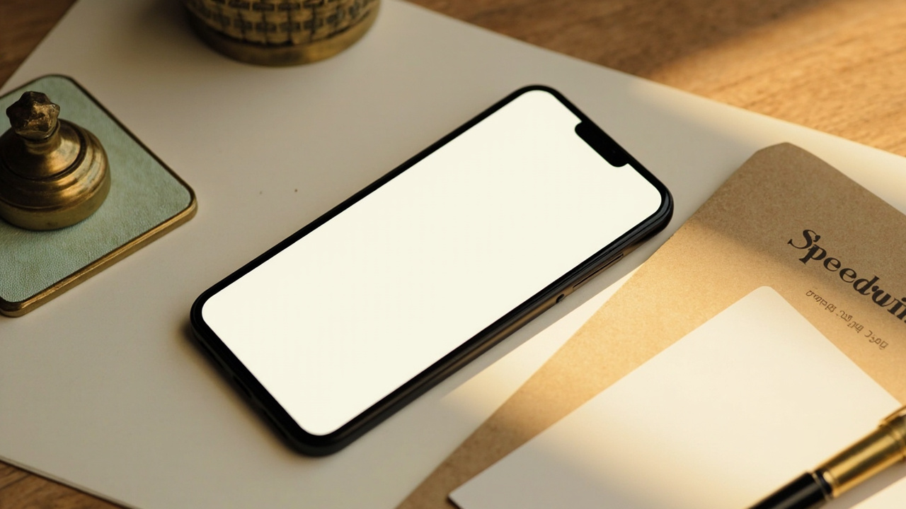 Phone lying on a walnut table beside a cream folder