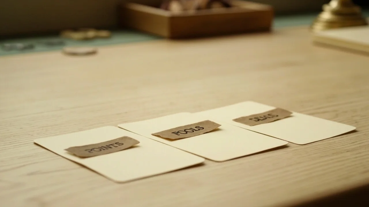 A long dining table prepared as a rummy format studio with three play zones