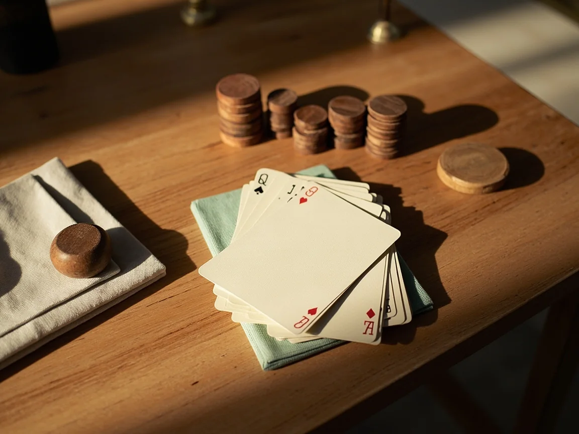 Longer teak table set for a pool rummy study