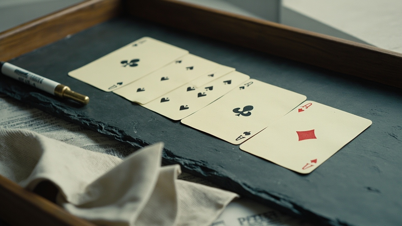 Close view of two completed rummy melds on a dark stone tray