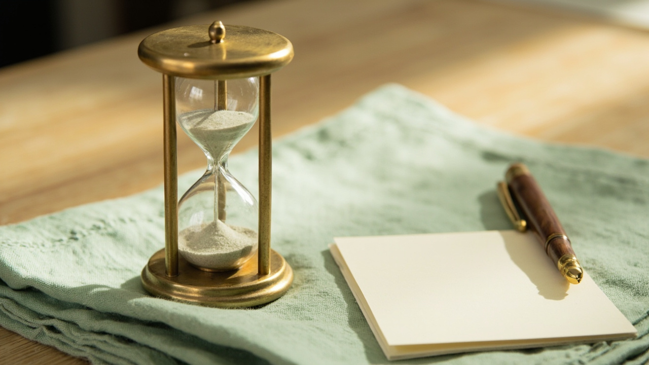 Brass hourglass with a 20-minute timer card on a green linen placemat