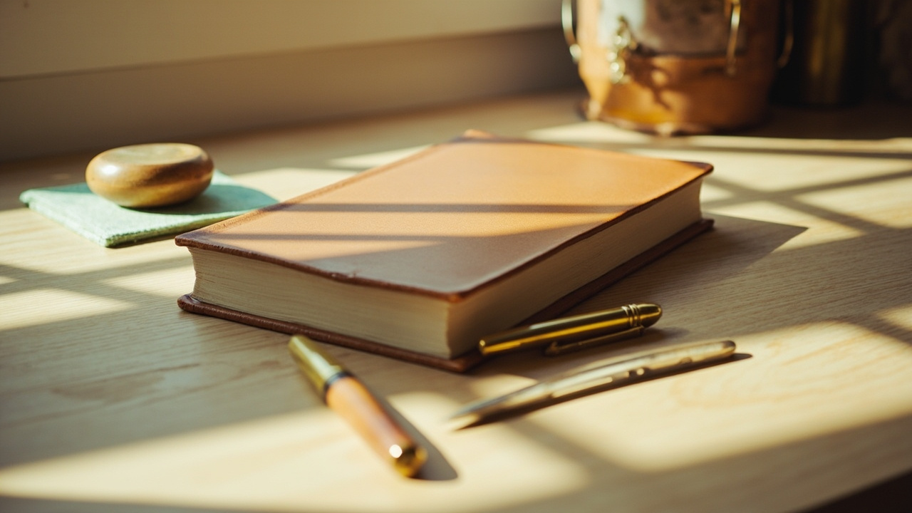Walnut desk with a printed statute page and a fountain pen