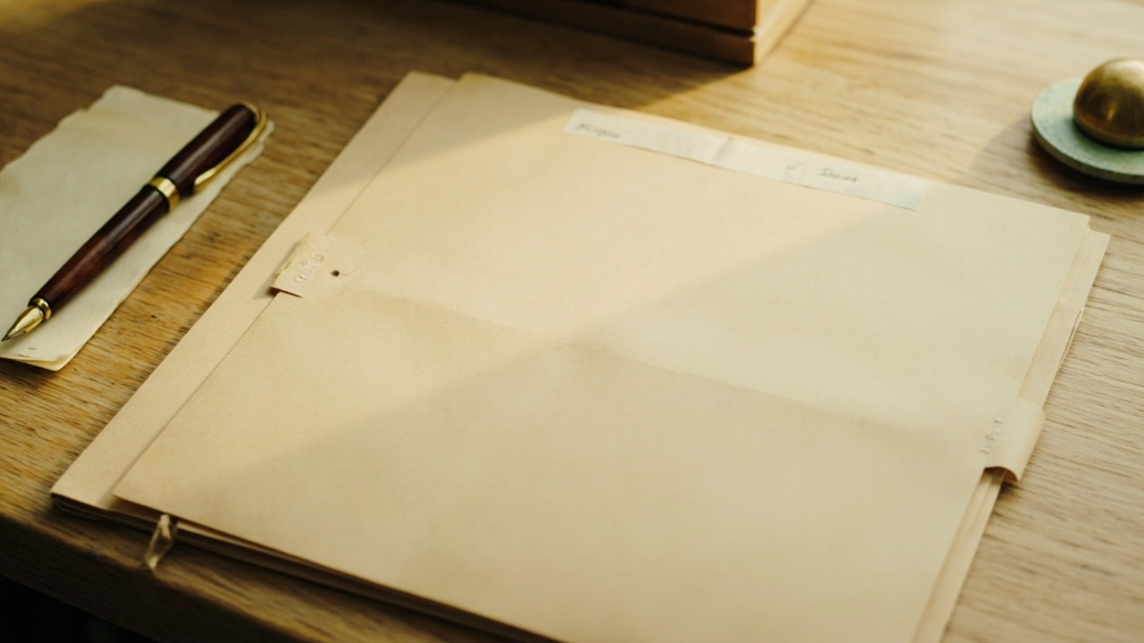 Cream folder with a company file and reading glasses on a walnut desk