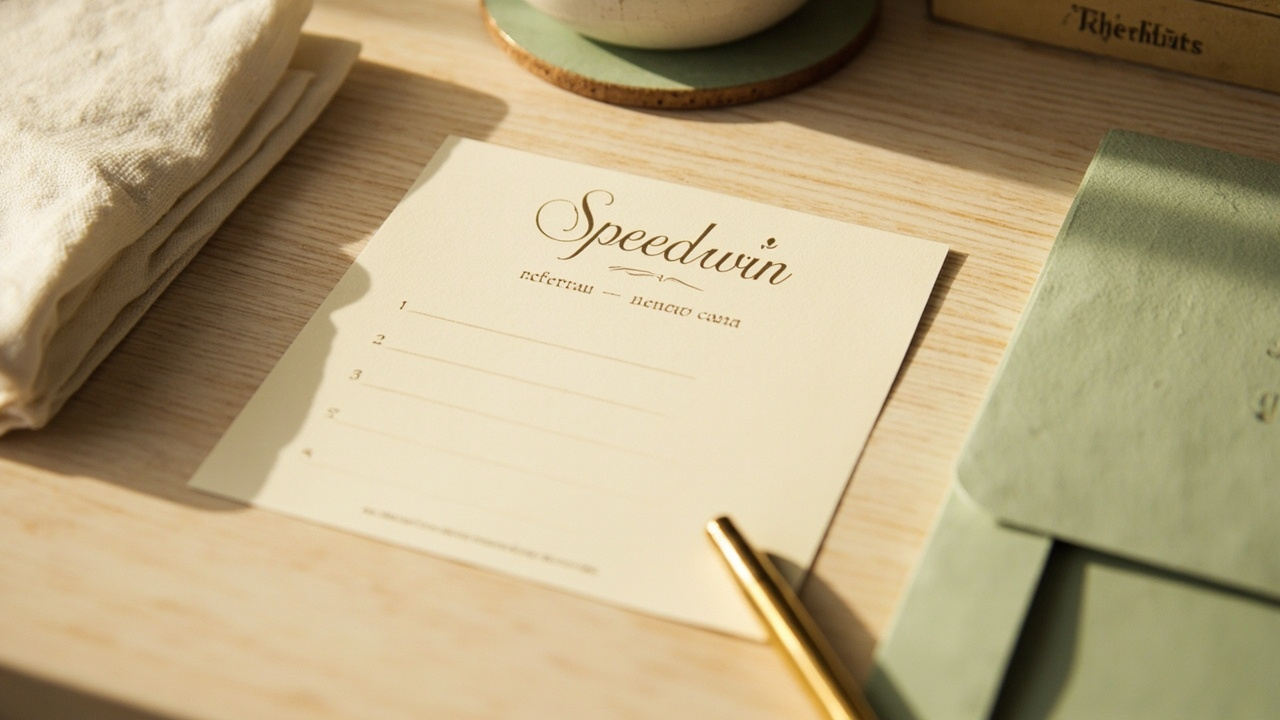 Cream invite card on a walnut desk with a fountain pen