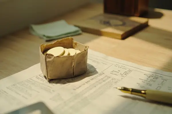 Cream desk surface with a handwritten criteria list, brass hourglass and small stack of cards