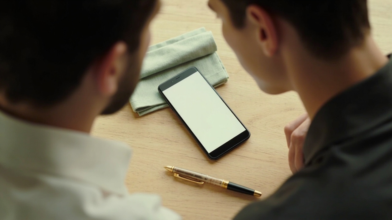 Two adults looking at a phone screen side by side