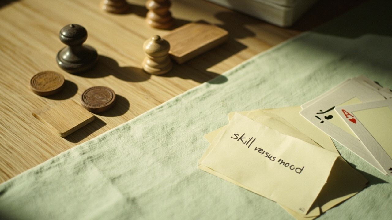Adult hand holding a single card over a discard pile in daylight